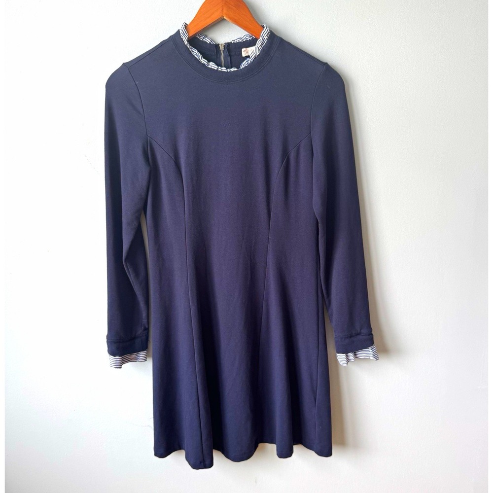 Eliane Rose Preppy Navy Knit Mini Dress Mock Neck Striped Trim Sze S Navy Blue